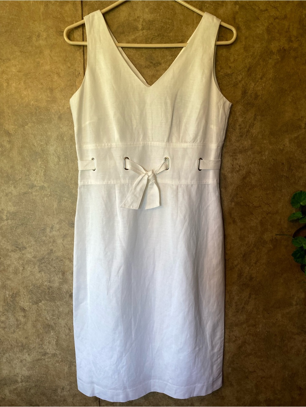 Positive Attitude White Linen Blend Sheath Dress Sleeveless Tie Waist Size 6